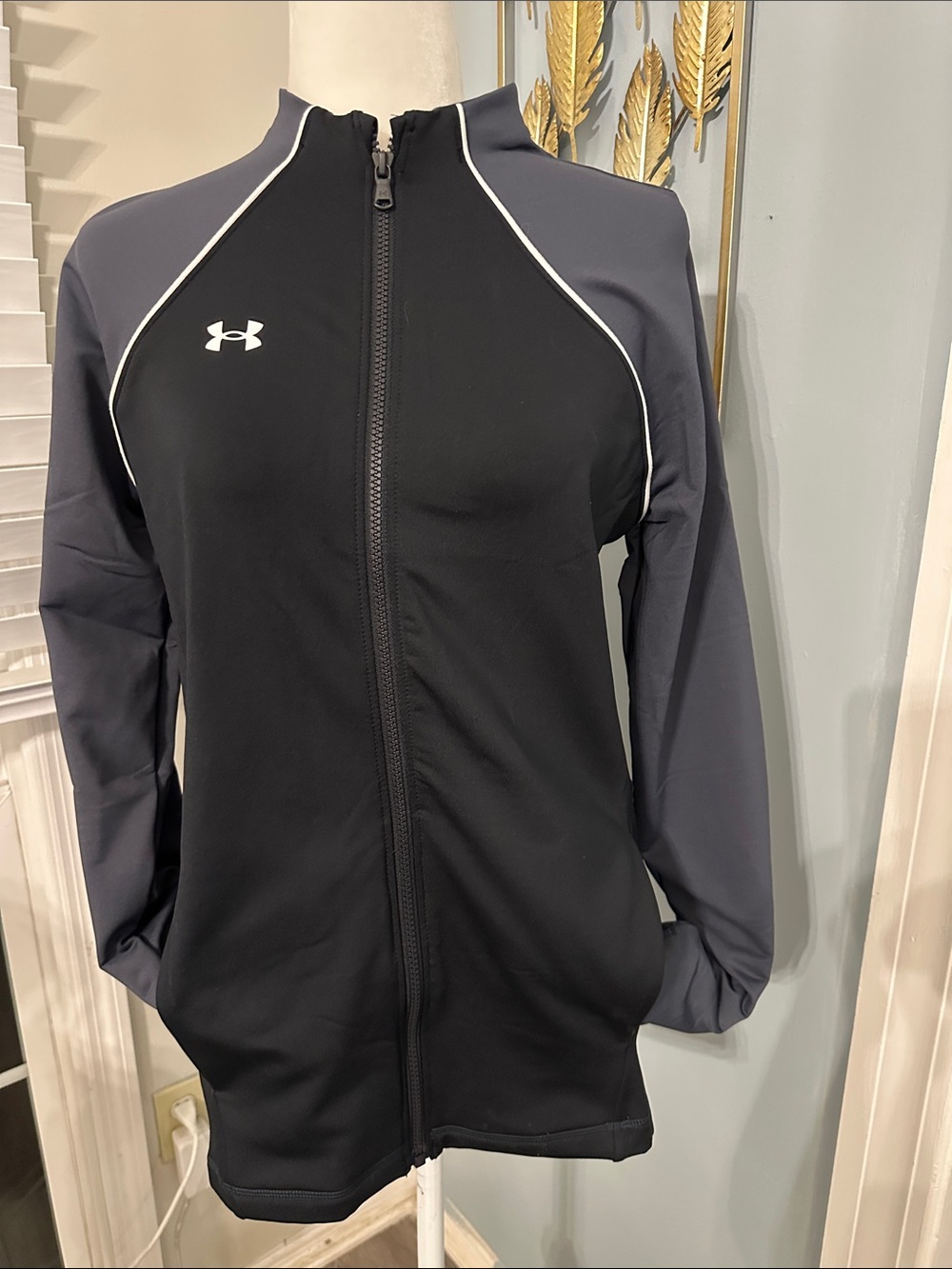 Under Armour Black and Charcoal Full-Zip Training Jacket with White Piping